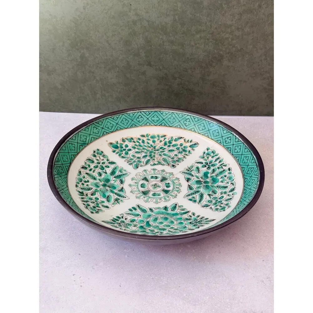 Vintage ACF Pewter Encased Japanese Porcelain Bowl - Green Floral Chinoiserie